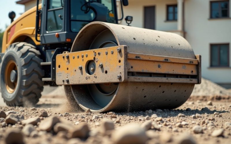 Heavy-duty construction roller compactor operating on a gravel surface near a residential building during daylight hours